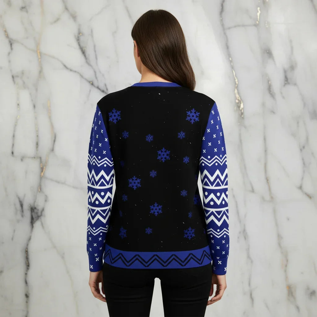 Woman showing back of sweater