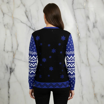 Woman showing back of sweater