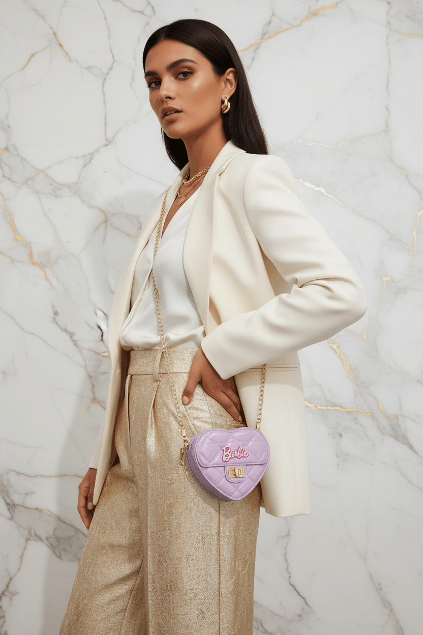 Woman side pose - Mini Heart Barbie Bag