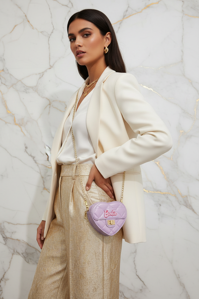 Woman side pose - Mini Heart Barbie Bag