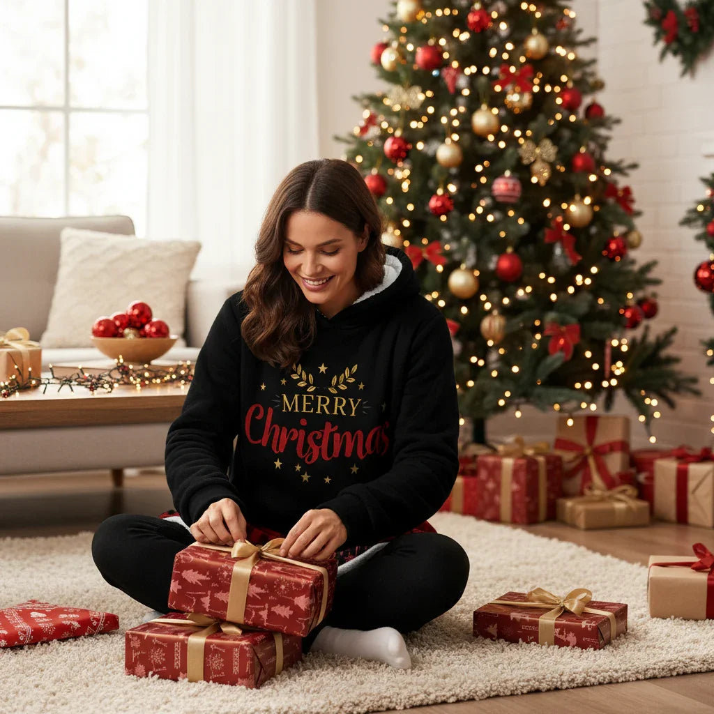 Woman sitting on rug wrapping gifts