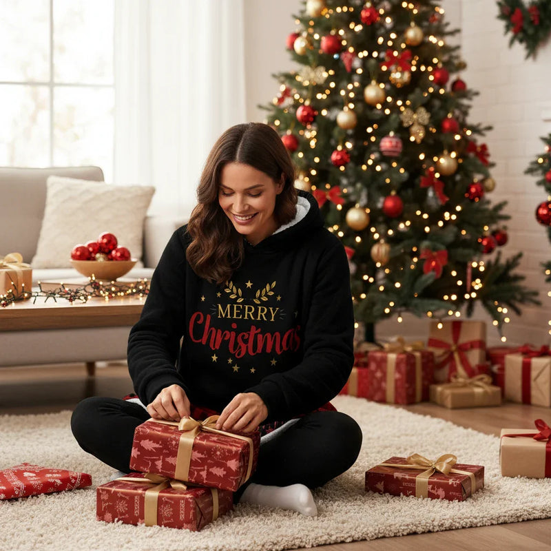 Woman sitting on rug wrapping gifts