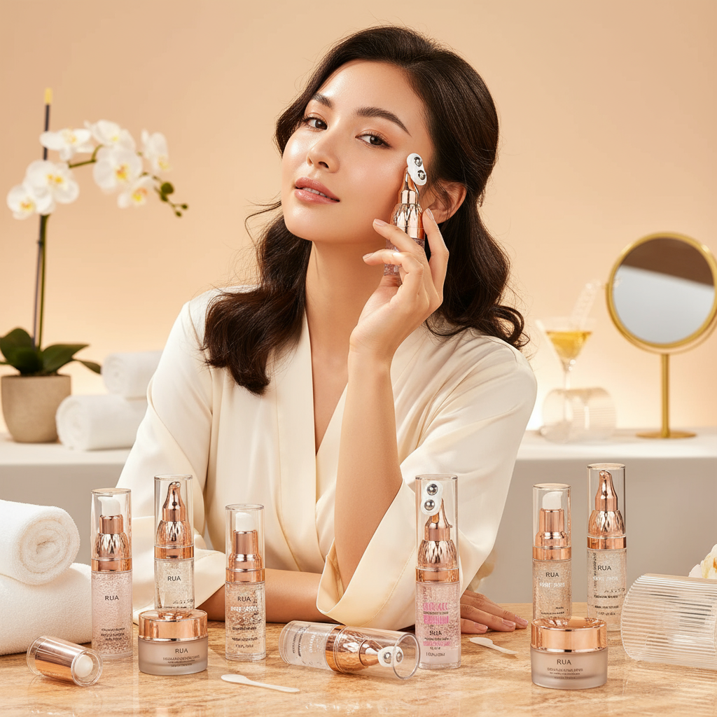 Woman surrounded by rose gold skincare products