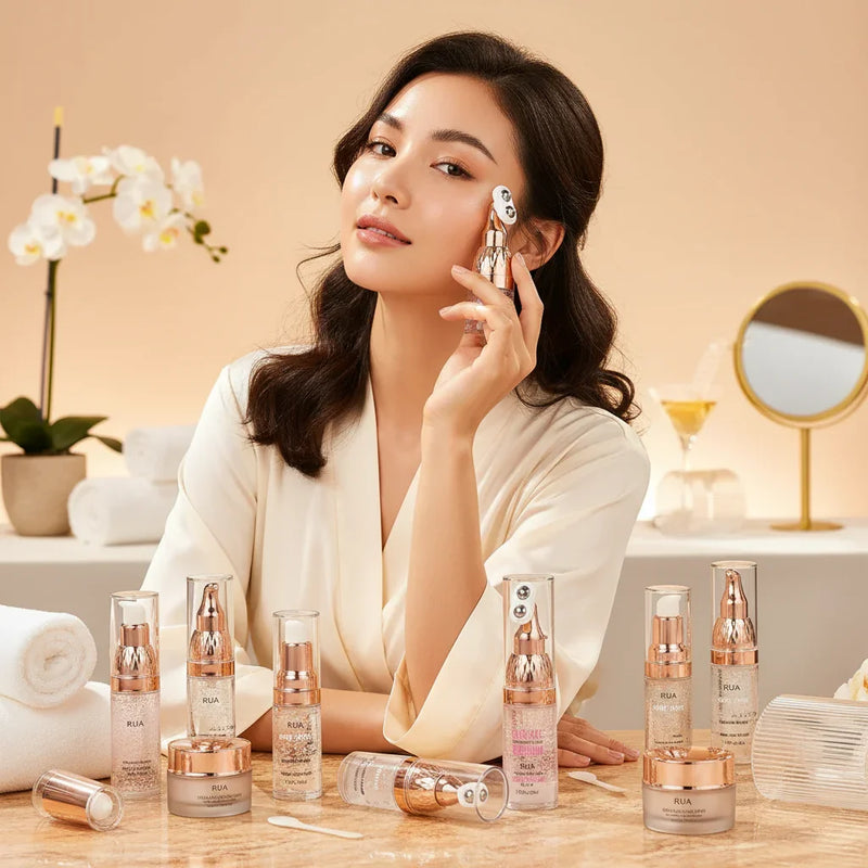 Woman surrounded by rose gold skincare products
