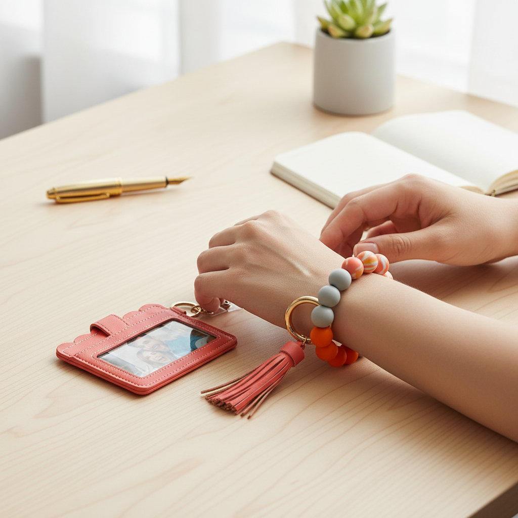 Woman using badge holder at desk