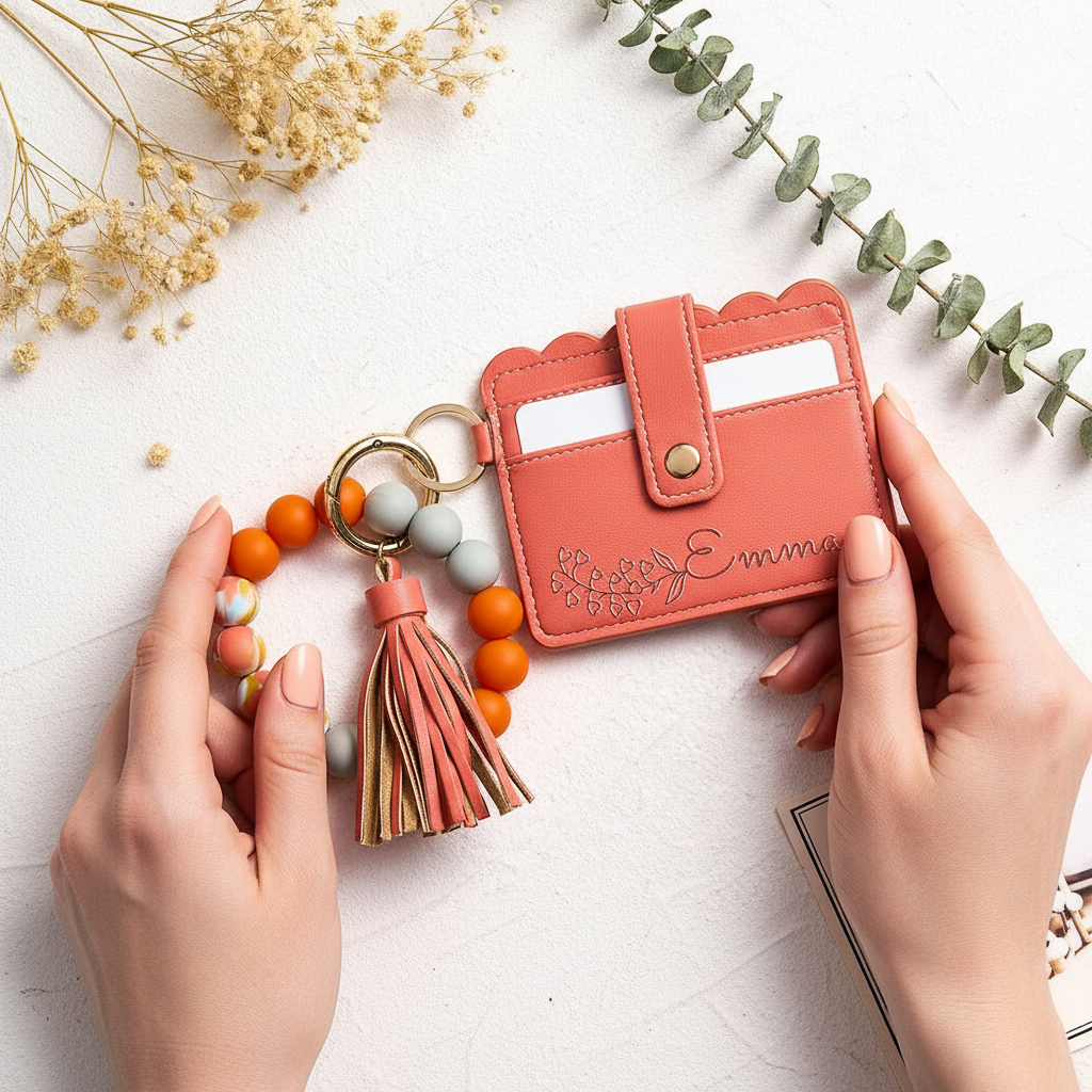 Woman using wallet with floral styling