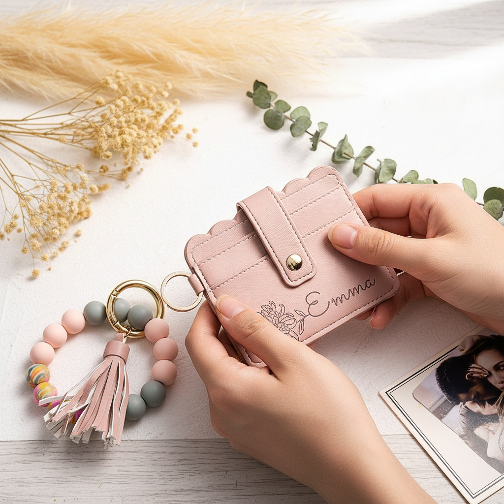 Woman using wallet with floral styling