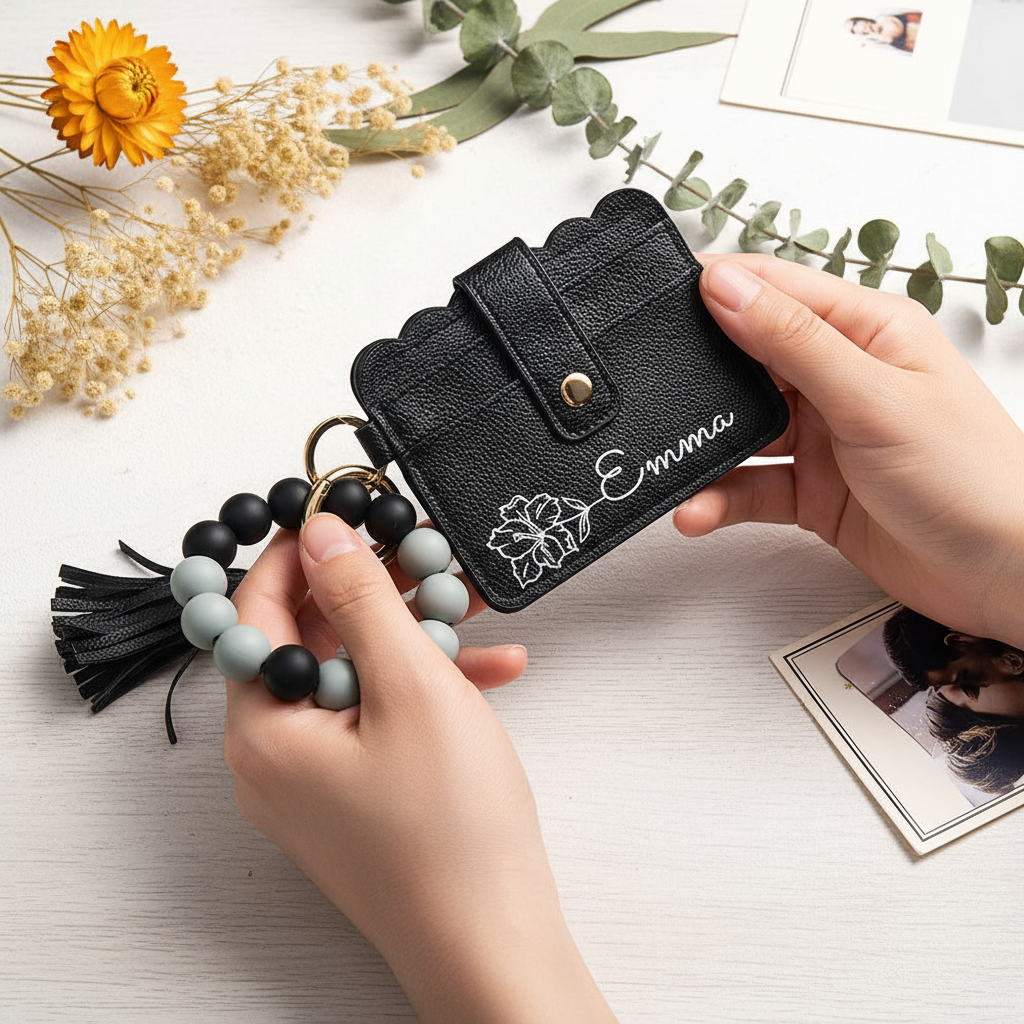 Woman using wallet with floral styling