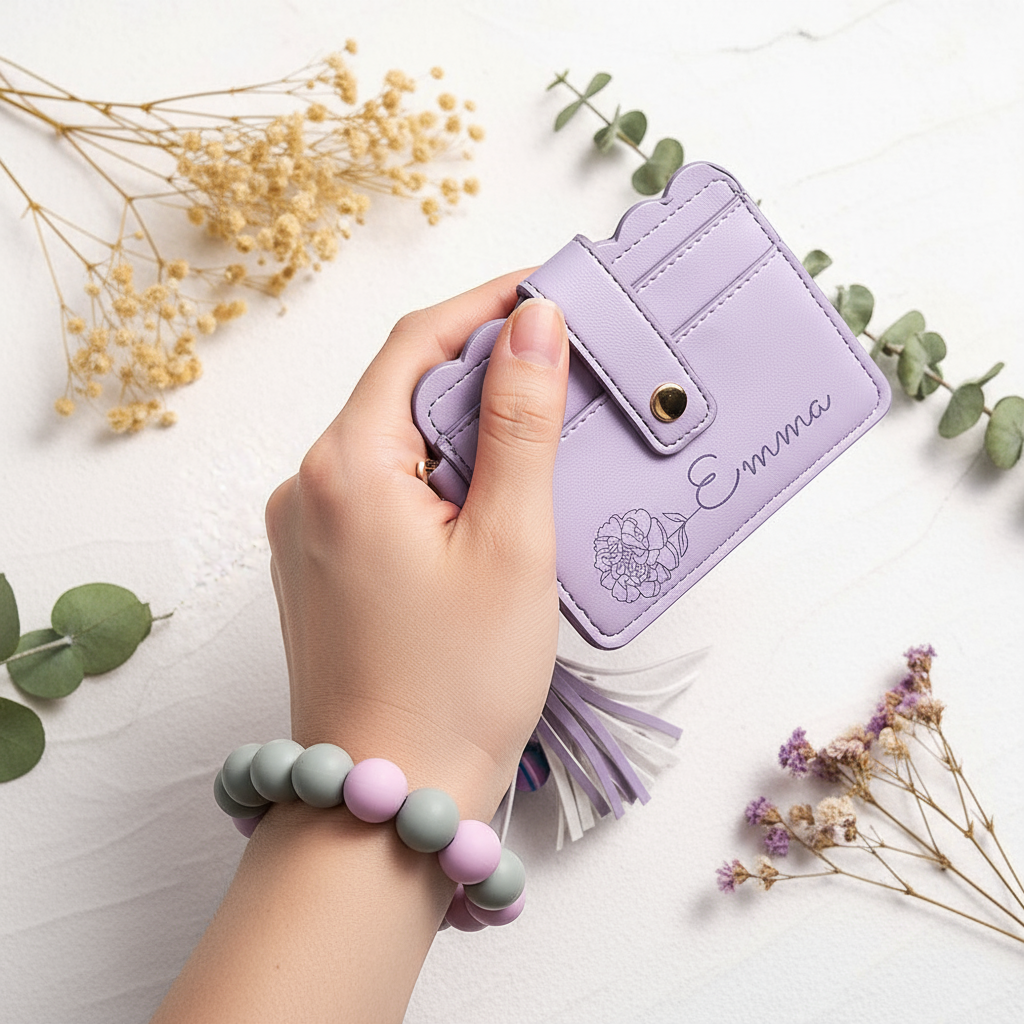 Woman using wallet with floral styling