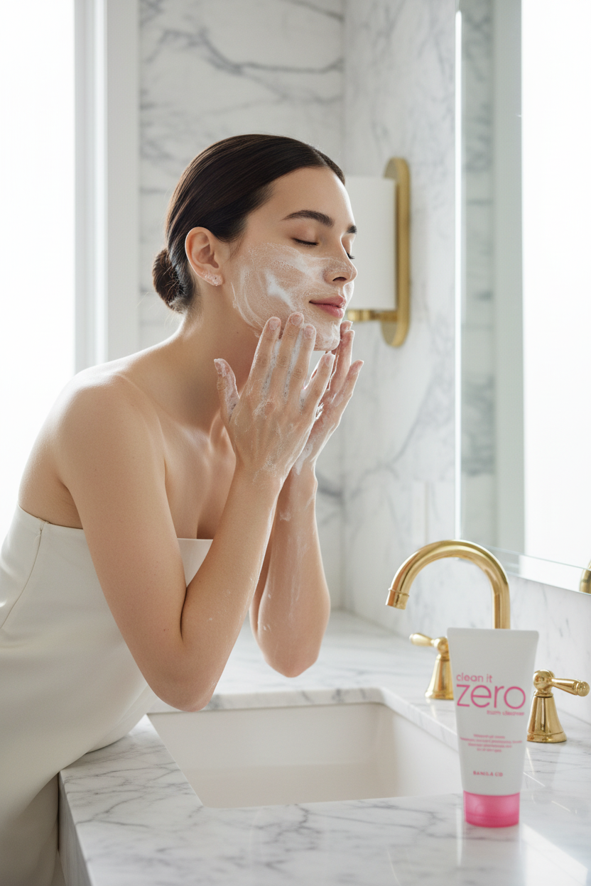 Woman Washing Face - Marble Sink