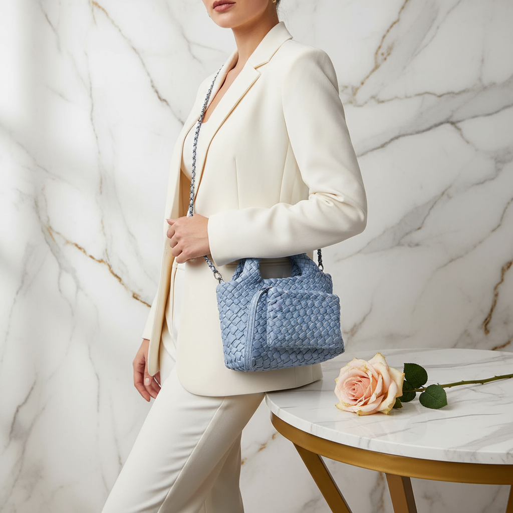 Woman Wearing Bag - Angled View