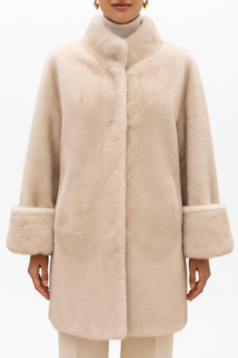 Woman wearing cream faux fur jacket - close-up detail