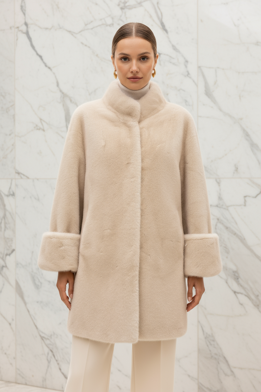 Woman wearing cream faux fur jacket - front view