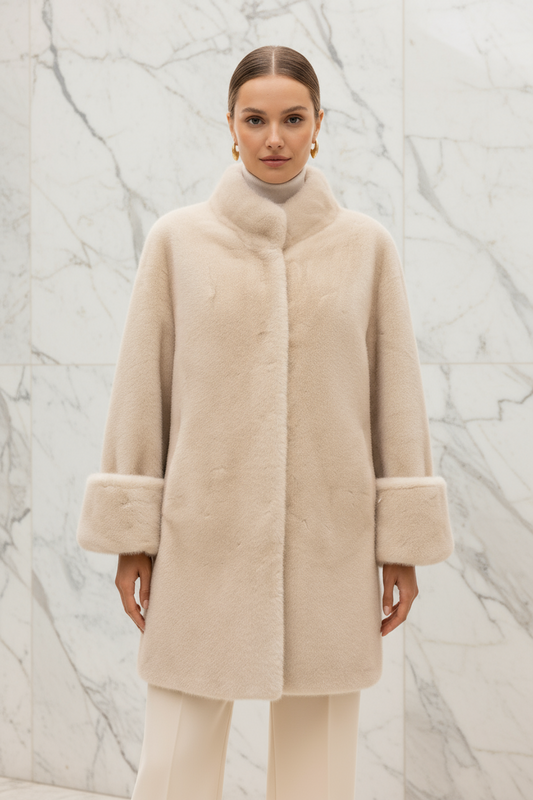 Woman wearing cream faux fur jacket - front view