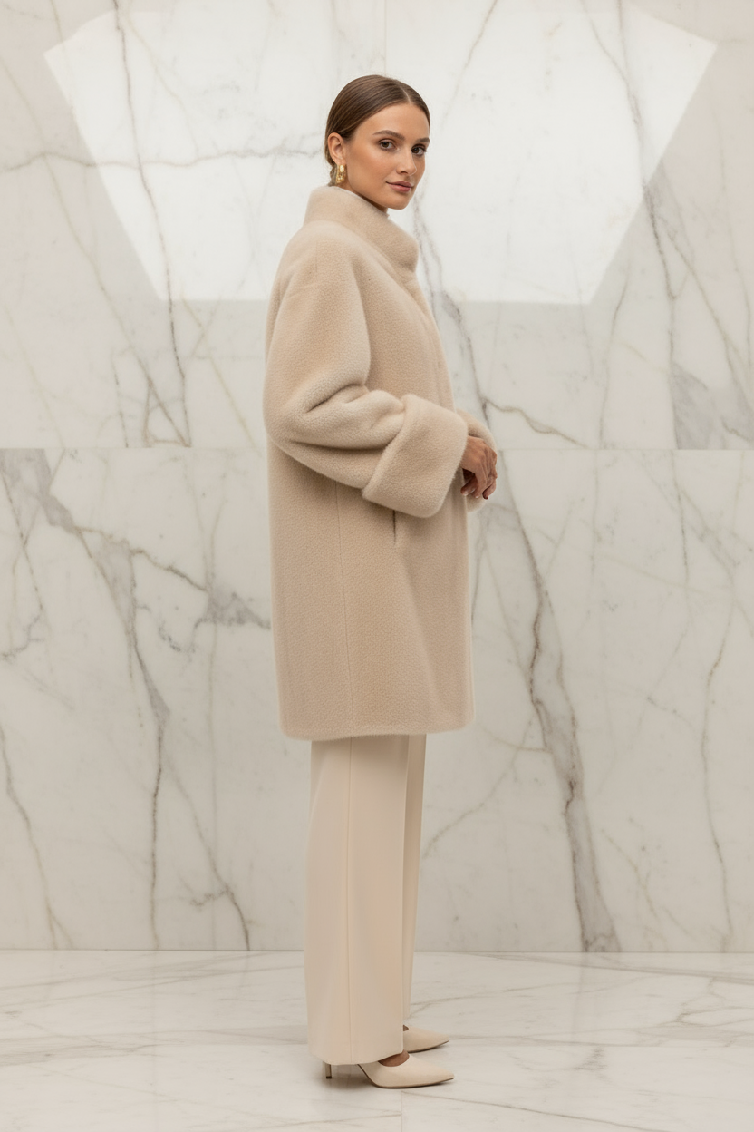 Woman wearing cream faux fur jacket - side view
