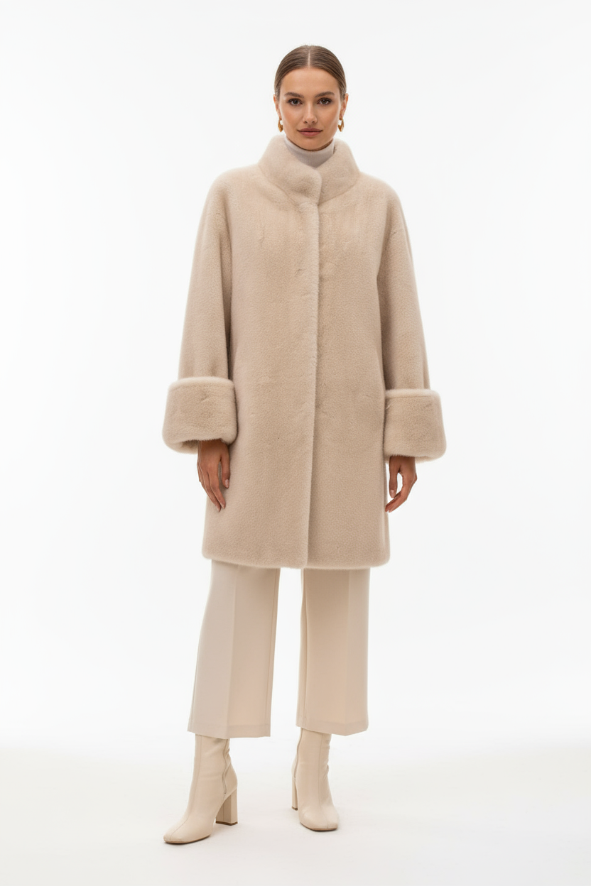 Woman wearing cream faux fur jacket - three-quarter view