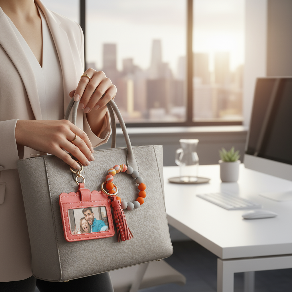 Woman with badge holder on bag