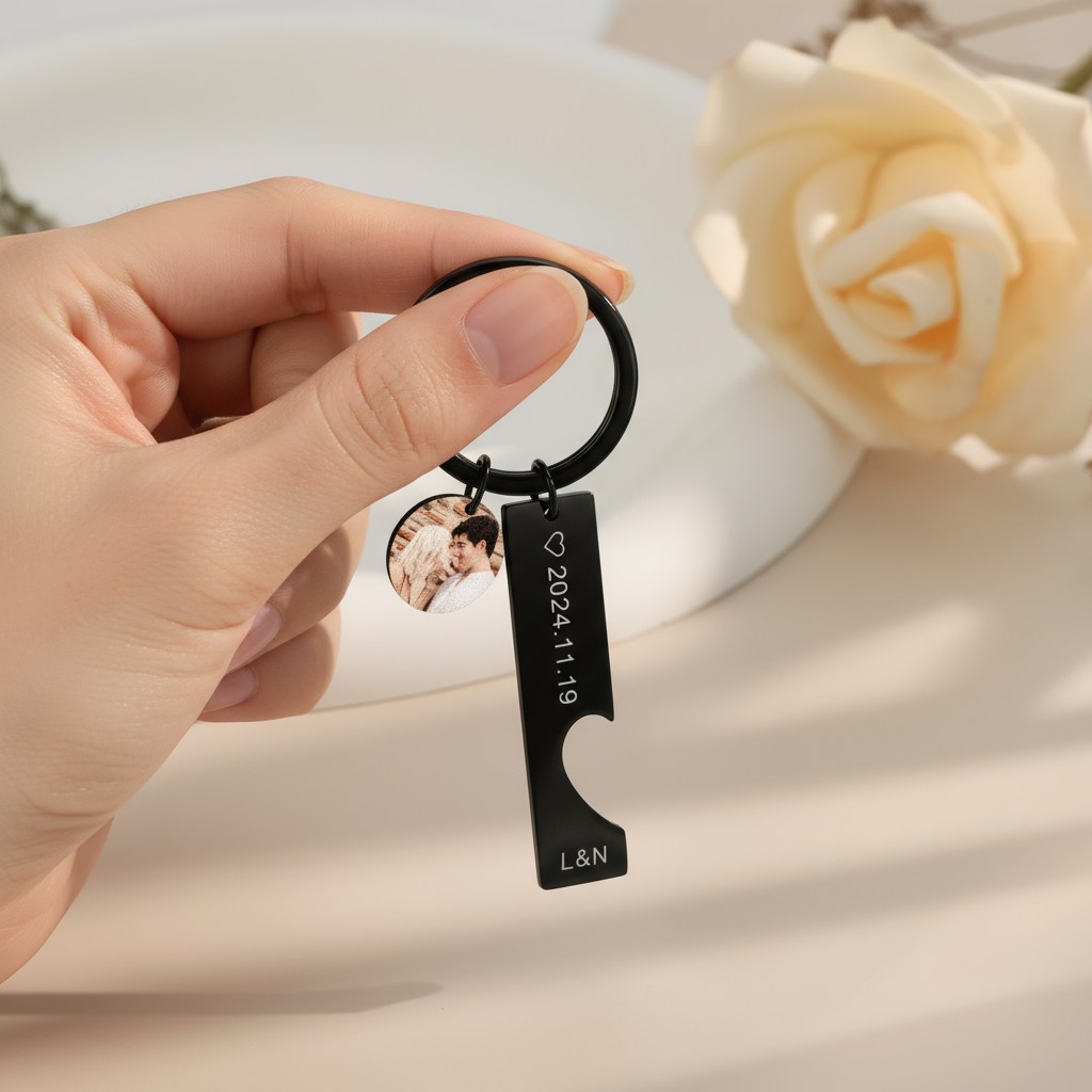 Woman with black keychain detail shot