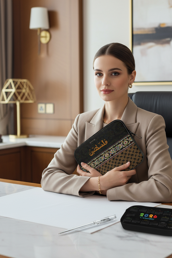 Woman with complete tablet sleeve gift set in office