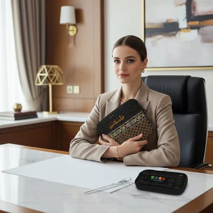 Woman with complete tablet sleeve gift set in office