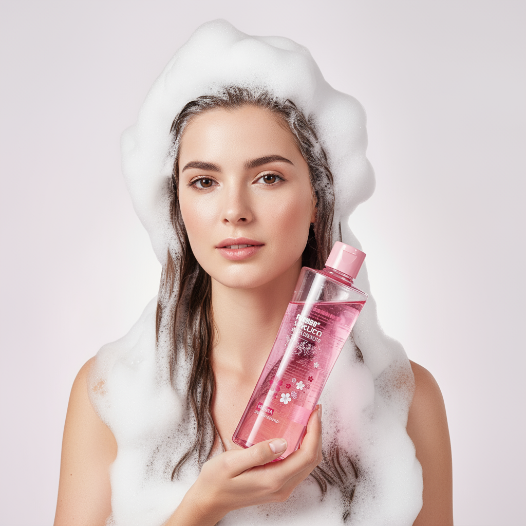 Woman with foamy hair and shampoo
