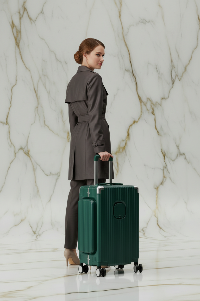 Woman with luggage back angle