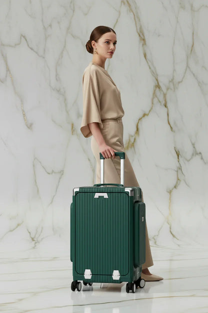 Woman with luggage side angle