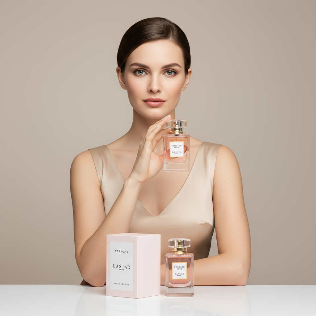 Woman with perfume beige backdrop