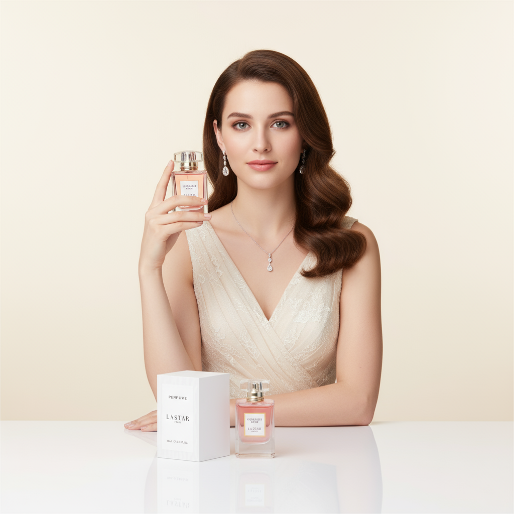 Woman with perfume cream backdrop