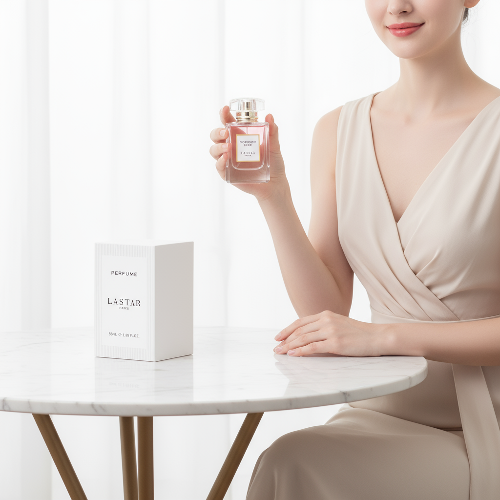 Woman with perfume minimalist setting