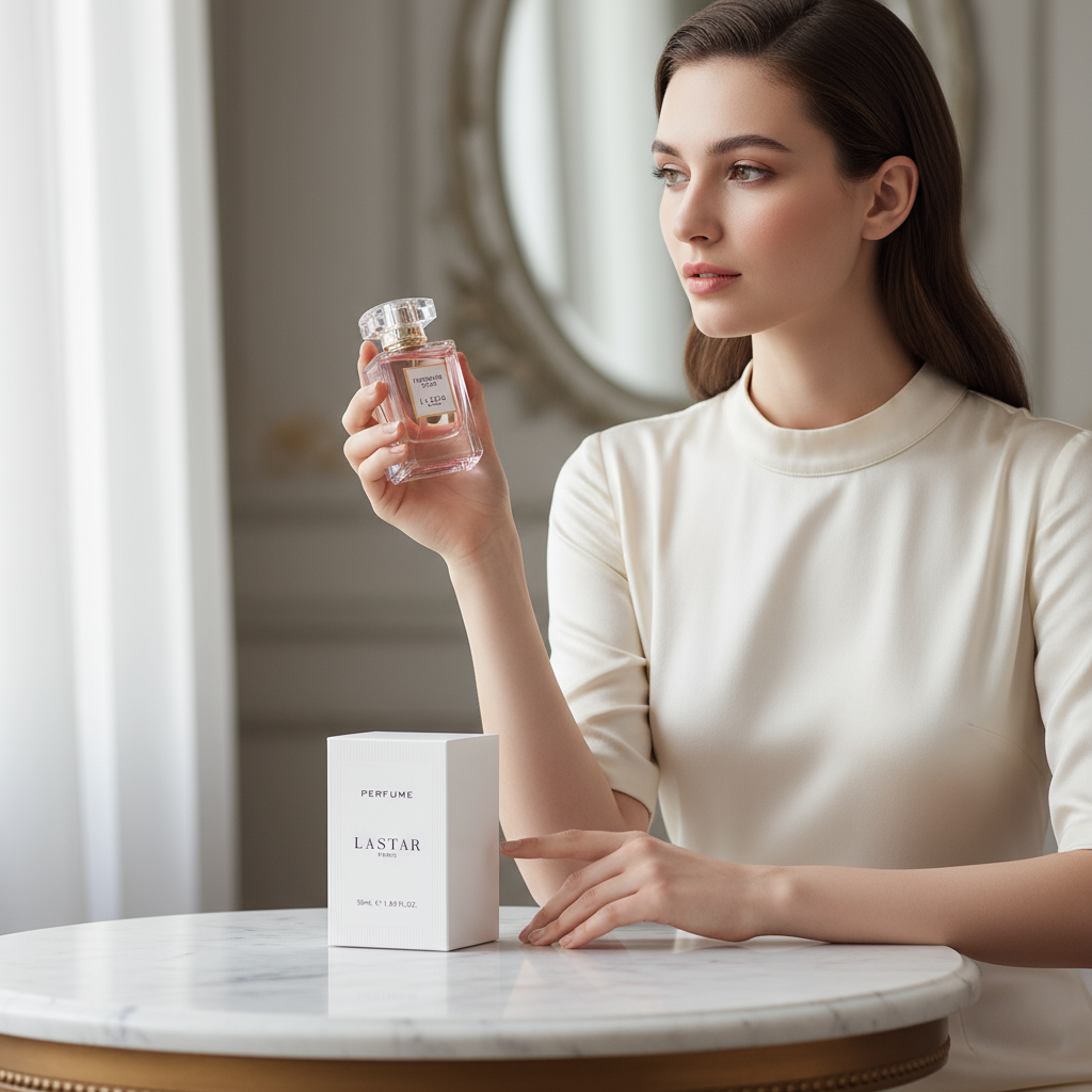 Woman with perfume on marble table