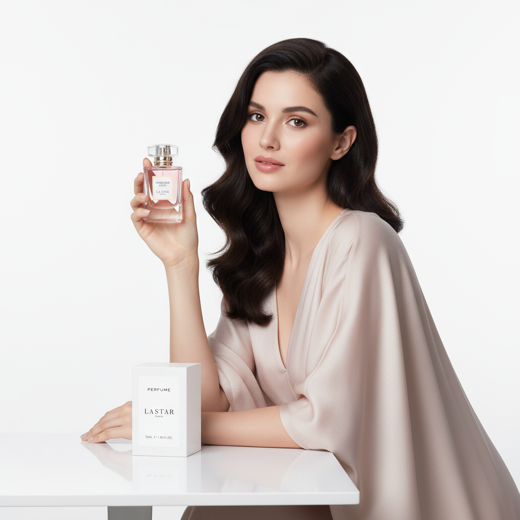Woman with perfume white backdrop