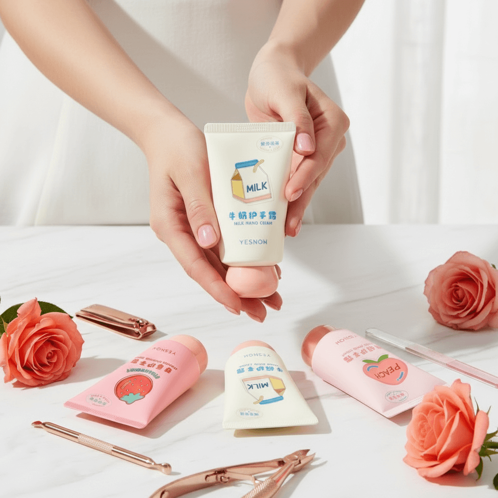 Woman with Pink Nails Holding Milk Hand Cream