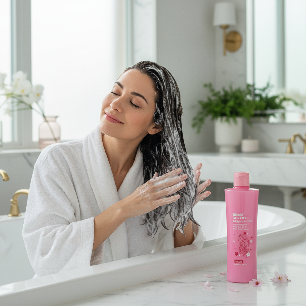Woman with white conditioner in bathroom
