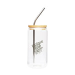Clear glass drinking cup with bamboo lid, metal straw, and inspirational word art by Ivorynn