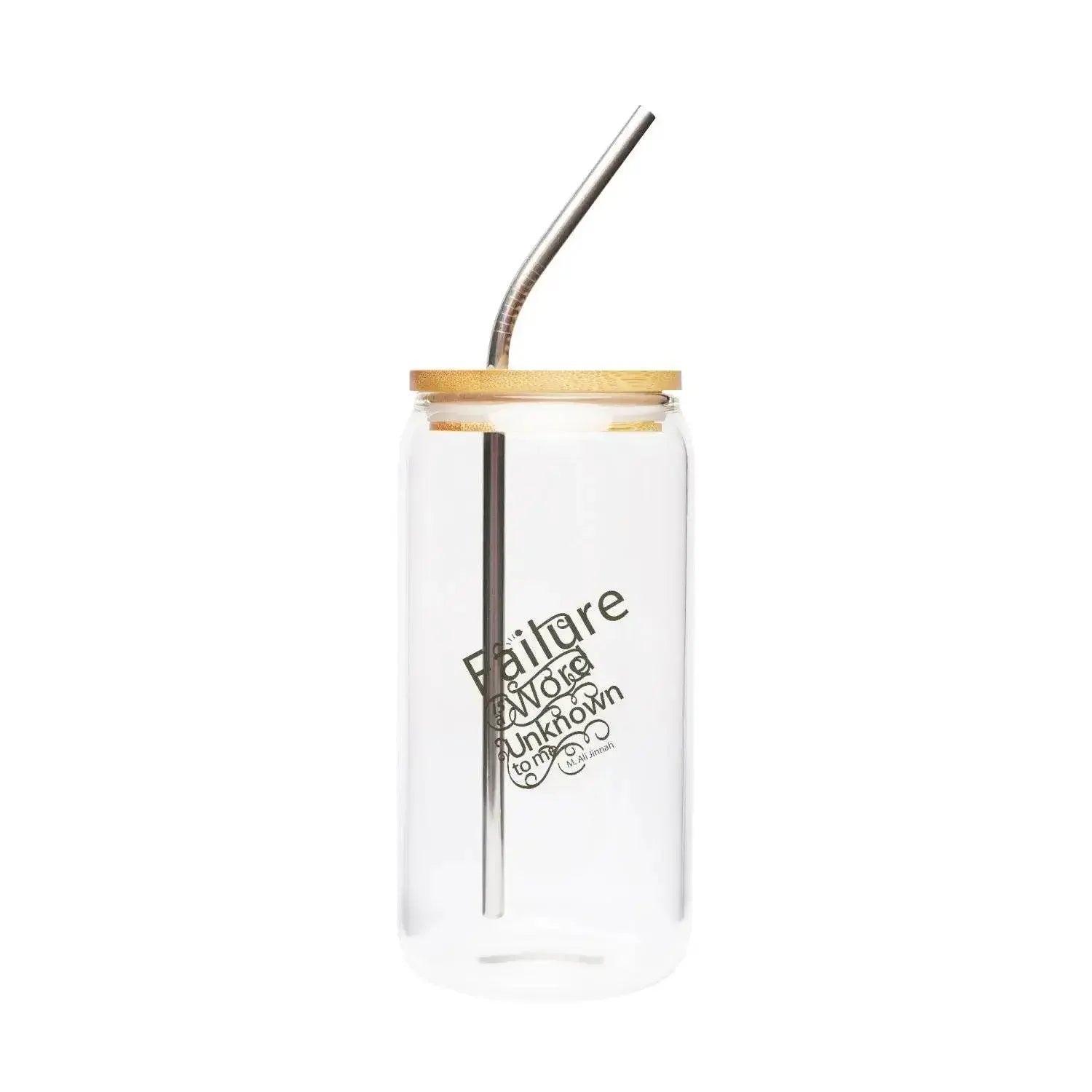 Clear glass drinking cup with bamboo lid, metal straw, and inspirational word art by Ivorynn