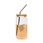 Clear glass tumbler with bamboo lid, metal straw, and motivational quote, sold by Ivorynn.