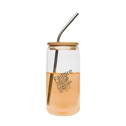 Clear glass tumbler with bamboo lid, metal straw, and motivational quote, sold by Ivorynn.