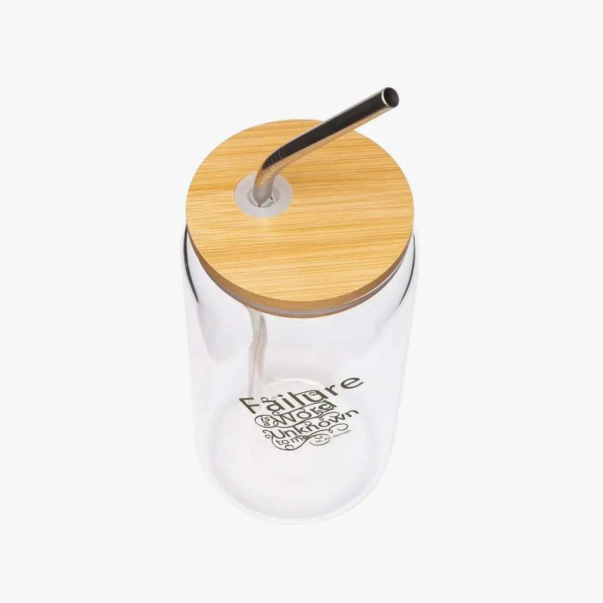 Clear drinking glass with bamboo lid, metal straw, and motivational text, Ivorynn homeware