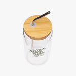 Clear drinking glass with bamboo lid, metal straw, and motivational text, Ivorynn homeware