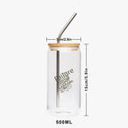 Clear glass drinking cup with bamboo lid, metal straw, printed text, 500ml, Ivorynn home.