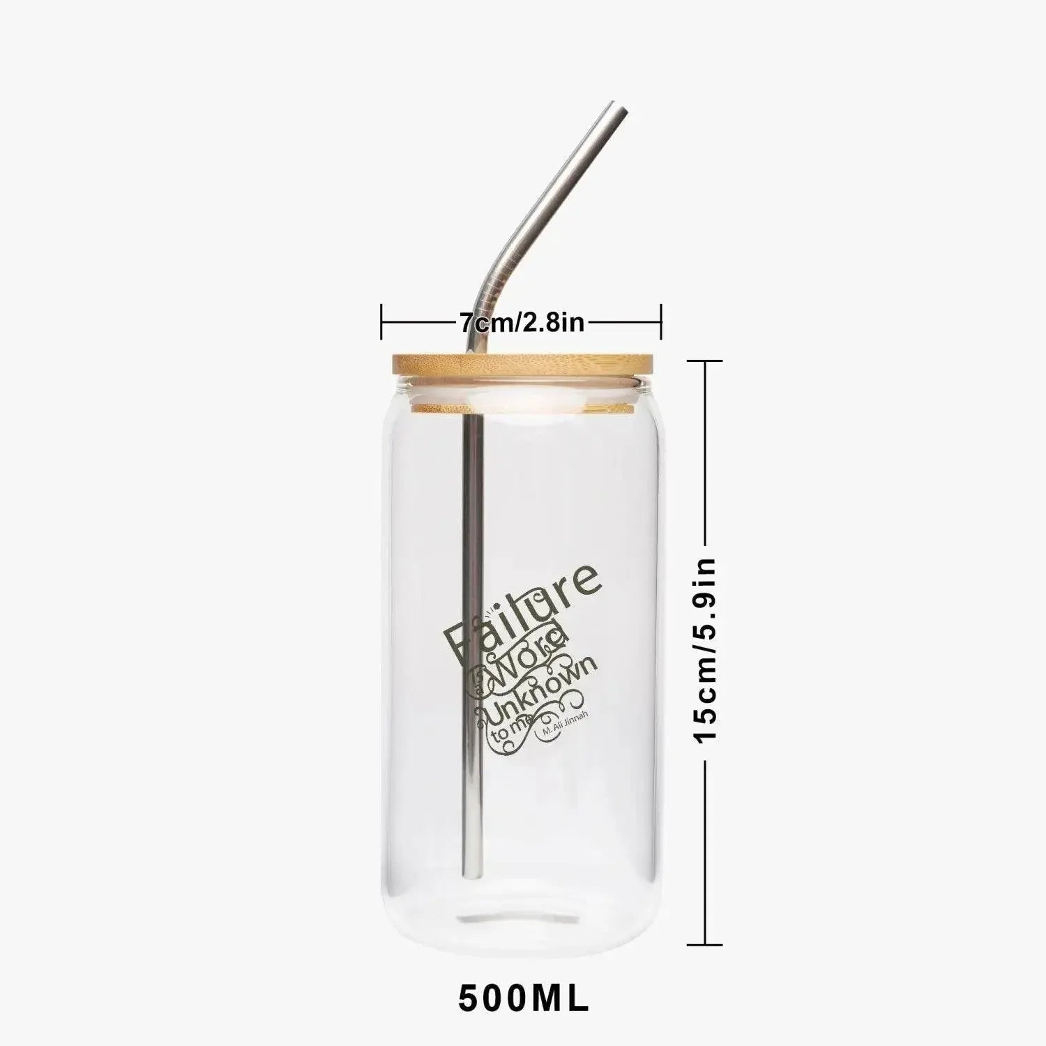 Clear glass drinking cup with bamboo lid, metal straw, printed text, 500ml, Ivorynn home.