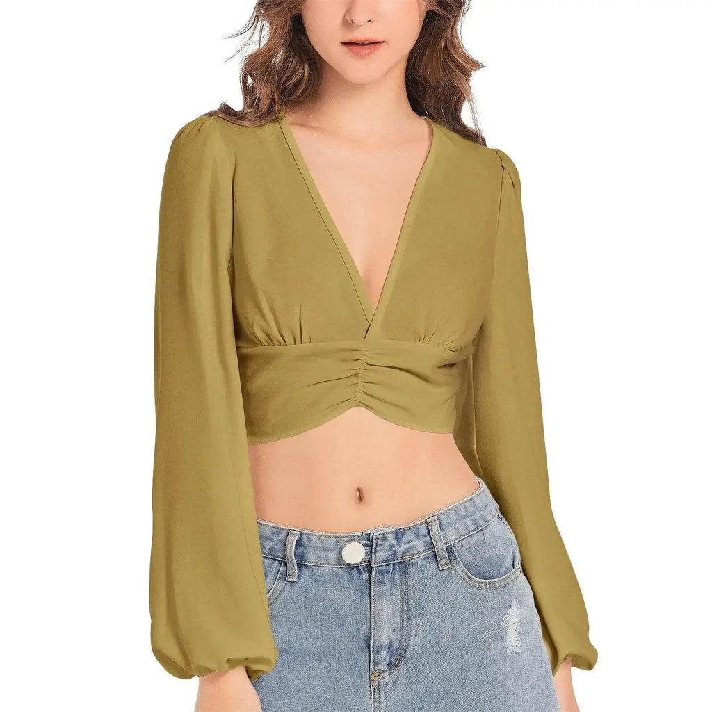 Cumin Deep V-Neck Lantern Sleeve Crop Top - IVORYNN