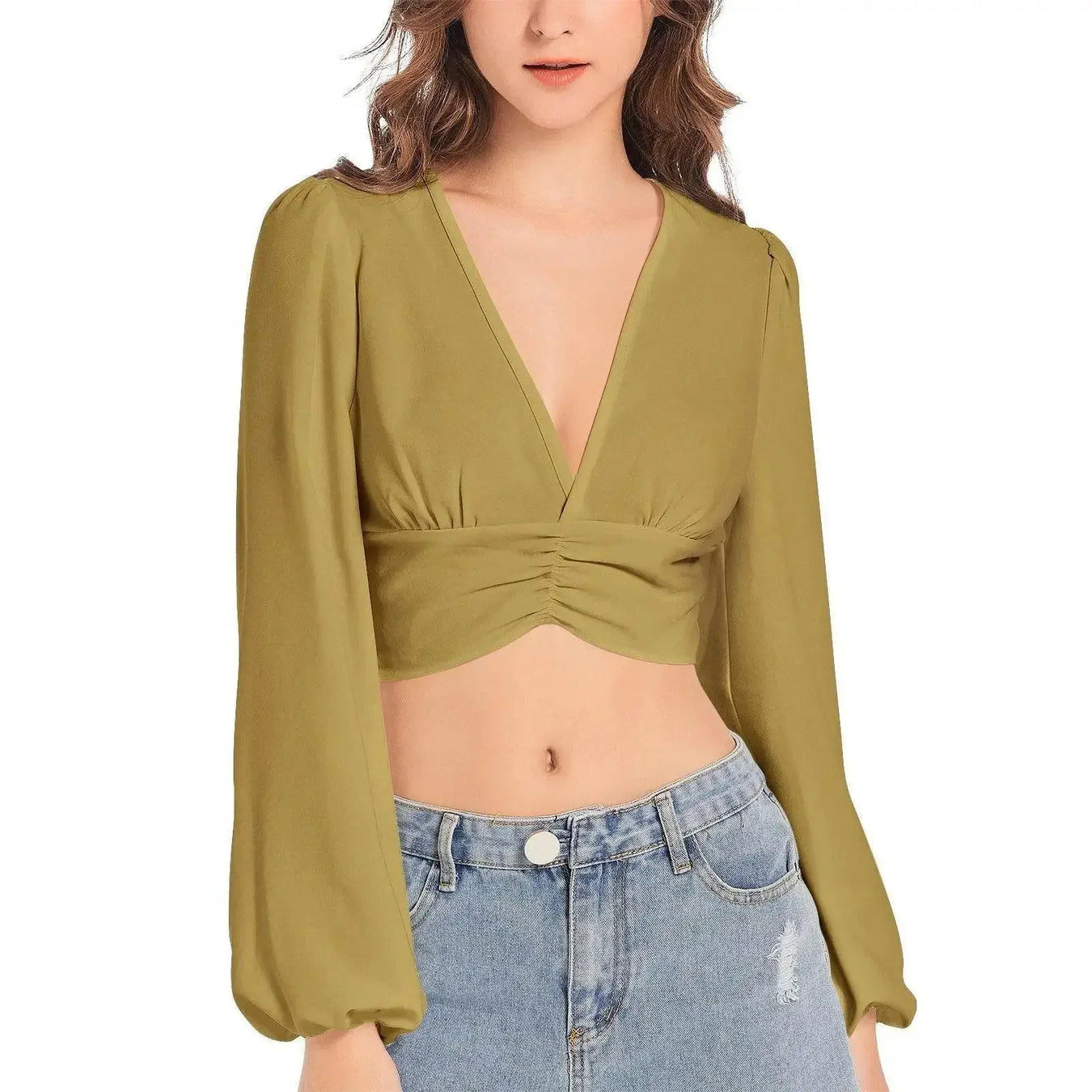 Cumin Deep V-Neck Lantern Sleeve Crop Top - IVORYNN