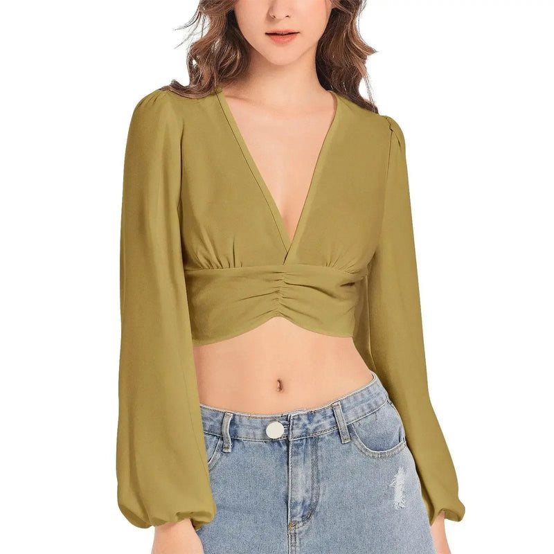 Cumin Deep V-Neck Lantern Sleeve Crop Top - IVORYNN