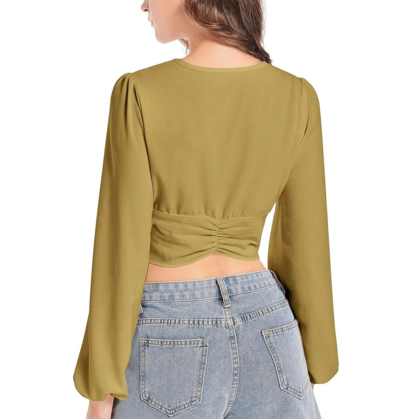 Cumin Deep V-Neck Lantern Sleeve Crop Top - IVORYNN