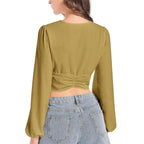 Cumin Deep V-Neck Lantern Sleeve Crop Top - IVORYNN