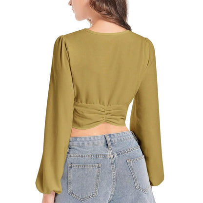 Cumin Deep V-Neck Lantern Sleeve Crop Top - IVORYNN