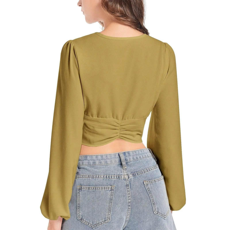 Cumin Deep V-Neck Lantern Sleeve Crop Top - IVORYNN