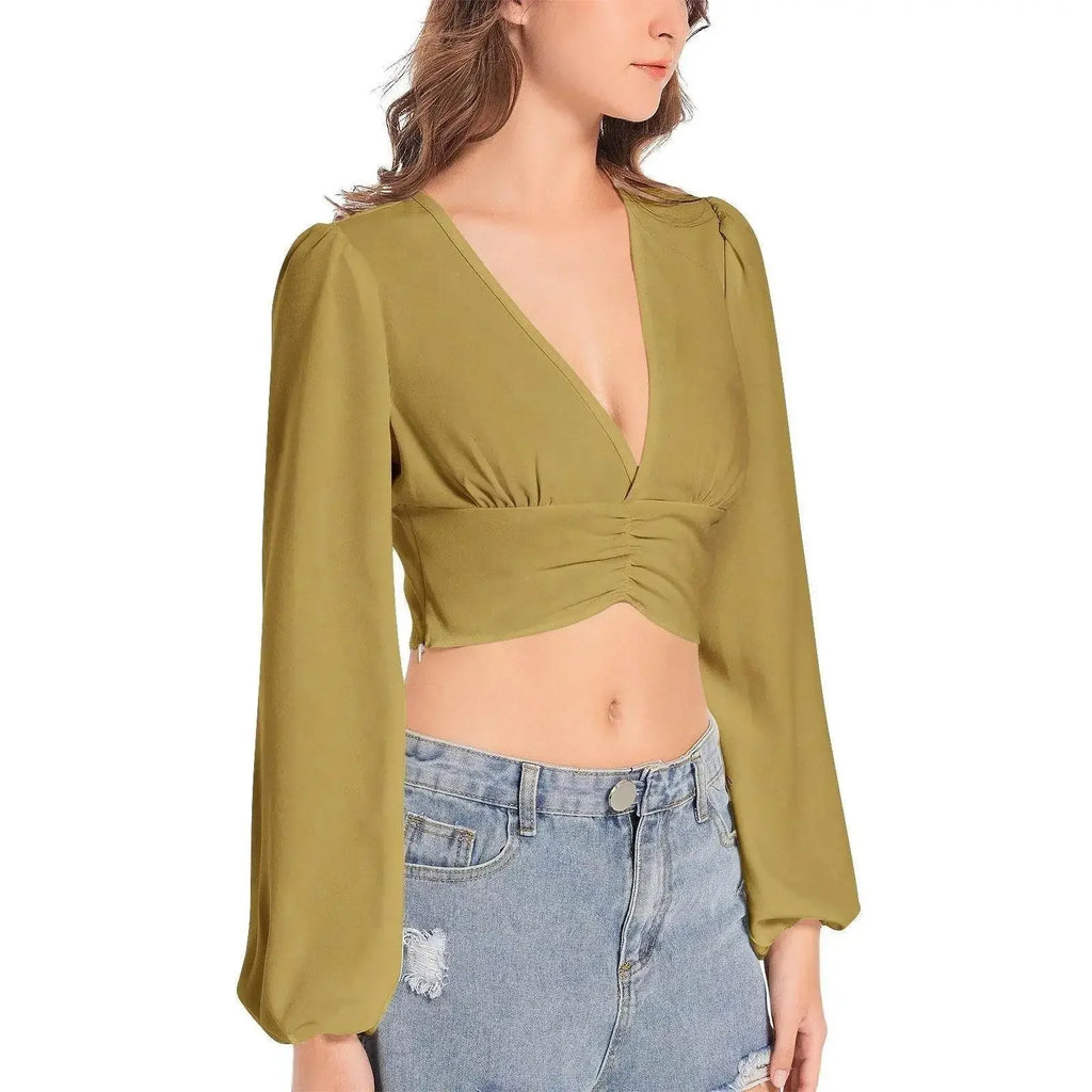 Cumin Deep V-Neck Lantern Sleeve Crop Top - IVORYNN